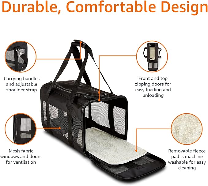 Amazon Basics Airline Approved Soft-Sided Mesh Pet Travel Carrier with Shoulder Strap, Portable, Washable Removable Fleece Pad for Dog, Cat, up to 16 pounds, 16.5" L x 10.6" W x 11" H, Black