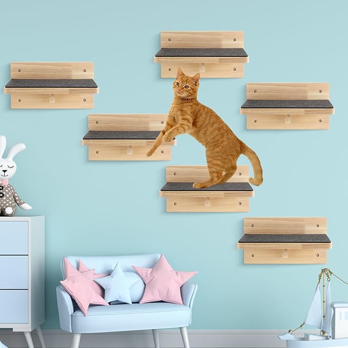 Lenwen Set of 6 Cat Wall Steps Shelf Shelves Wood Cat Climbing Shelves for Cat Mounted Furniture Cat Wall Bed Wood Cat Stairs with Non Slip Felt for Springboard Playing(Classic)