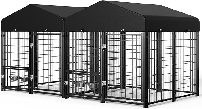 2PCS Dog Kennel Outdoor, Outside Dog Kennel with Roof & Swivel Feeders/Removable Doggy Door Allow Connecting Your Dog House, Heavy Duty Dog Run Pen Yard for Medium/Large Dogs (5'Lx5'Wx5'H)
