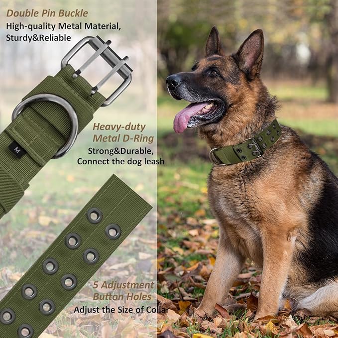 Tactical Dog Collar with Handle, Military Adjustable Heavy Duty Metal Buckle Dog Collars Soft Nylon Training Collar for Medium Large Dogs (Green, Large)