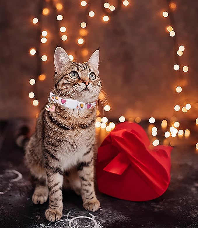 Lionet Paws 2pcs Pack Valentine's Day Cotton Cat Collar,Dot Heart Breakaway Buckle with Red Pink Love Cute Adjustable Cat Kitten Collar,Ideal for Girl Cats