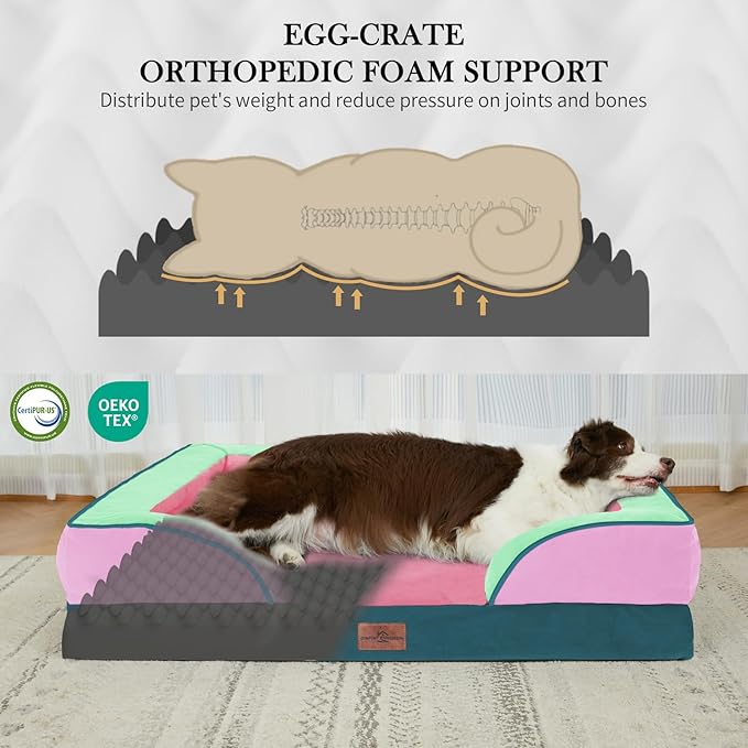 Comfort Expression Orthopedic Dog Bed for Extra Large Dogs 45x35 Inch, Waterproof Egg Crate Foam XL Pet Bed with Removable Bolsters, Dog Couch with Washable Cover & Non-Slip Bottom, Mint-Berry Dream
