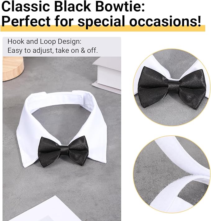 Segarty Dog Tuxedo Collar for Neck Girth 12.6-15.7in, Bow Tie Collar Black Bowtie with Handcrafted Adjustable White Formal Pet Cats Necktie Collars for Medium Large Boy Dog Wedding Grooming Birthday