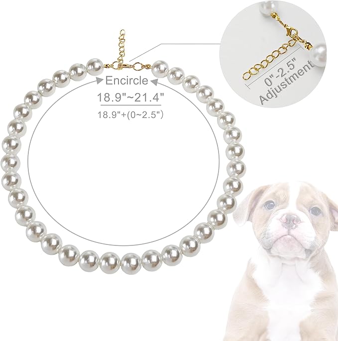 Chunky Pearl Dog Collar Large Breed (0.55 Inch), Adjustable Dog Necklace, Beaded Dog Collar Imitation White Pearls, Elegant Dog Jewelry Suit for Medium Large Dog 18.9"-21.4" Inner Circumference