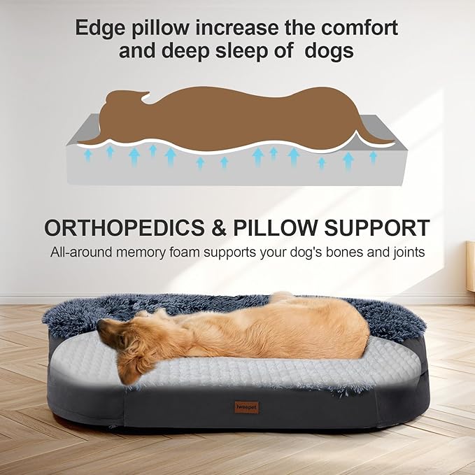 Black Orthopedic Dog Beds for Extra Large Dogs, 44" x32.6" x7.6" Supportive Dog Sofa Bed with 28D Egg-Crate Foam, Removable Washable Cover, Waterproof Lining, for Puppy,Senior,Sick