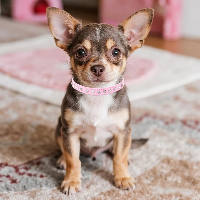 Small Dog Collars Bling Puppy Collars Diamond Pet Collars PU Leather Sparkly Rhinestone Glitter Adjustable Jewelry Neck Collars for Small Pet (Pink, S)