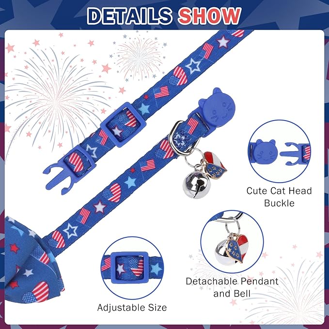 SCENEREAL Independence Cat Collar with Bells, 2 Pack Breakaway Cat Collars with Removable Bowtie Bandana, Adjustable Cute Kitten Collar for Pet Small Dogs Boys Girls