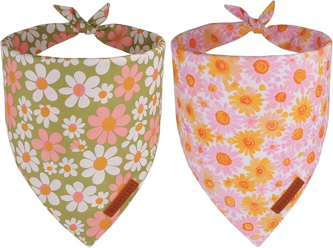 ADOGGYGO Floral Dog Bandanas 2 Pack, Daisy Flower Puppy Scarf, Premium Fabric, Adjustable Fit Spring Summer Floral Bandanas for Medium Large Dogs (Large)