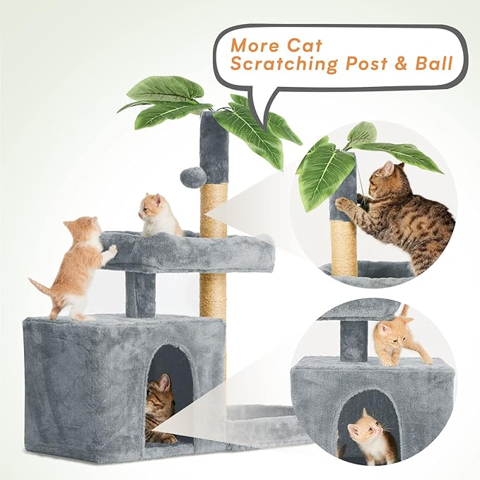 31.5in Multi-Level Cat Tower with Sisal Scratching Posts, Hidden Cave & Perch Platform, Large Cat Condo for 1-3 Cats, Eco-Friendly Pet Furniture with Realistic Leaves, Grey