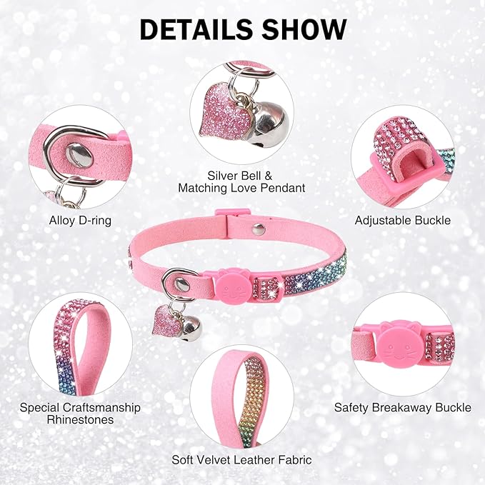 Rhinestone Cat Collar Breakaway with Bell, Diamond Cat Collar with Safety Buckle Quick Release for Girl Boy Small Kitten Pets Puppy,Cute Soft Female Male Cat Collars, Colorful Pink 8-12"