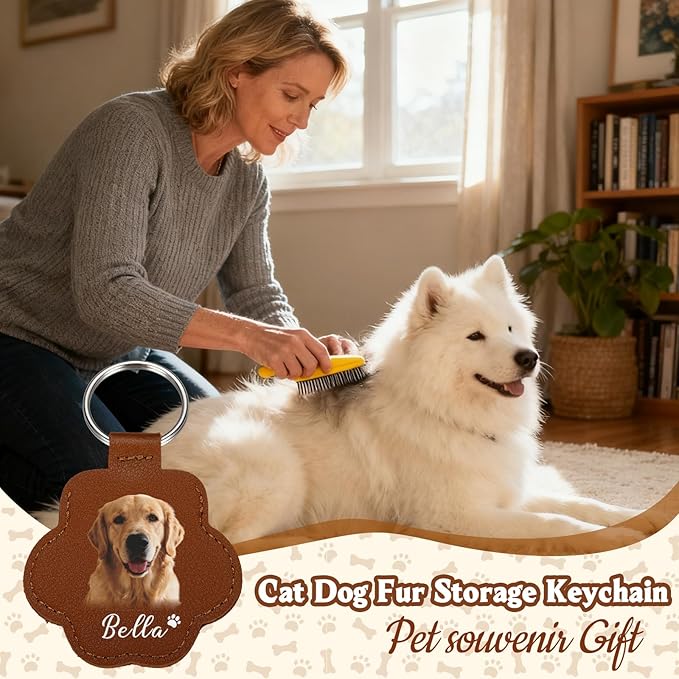 Custom Leather Pet Fur Keychain – Personalized Memorial Keepsake Keyring for Friend, Dog Cat Hair Sympathy Gifts﻿