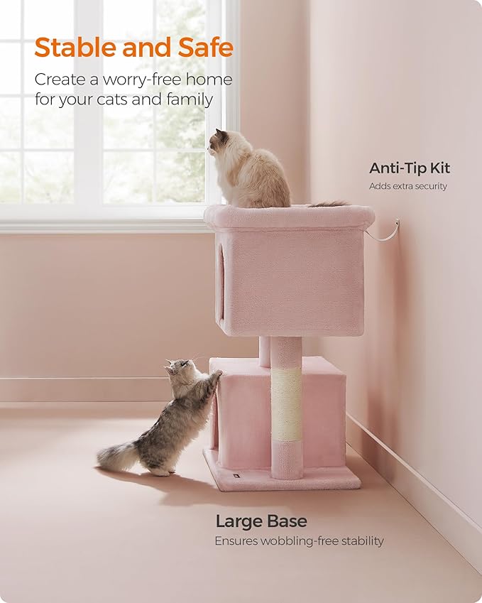 Feandrea Cat Tree, 40.6-Inch Cat Tower, Plush Condo for Extra Large Cats up to 44 lb, Large Perch, 2 Caves, Scratching Post, Jelly Pink UPCT614P01