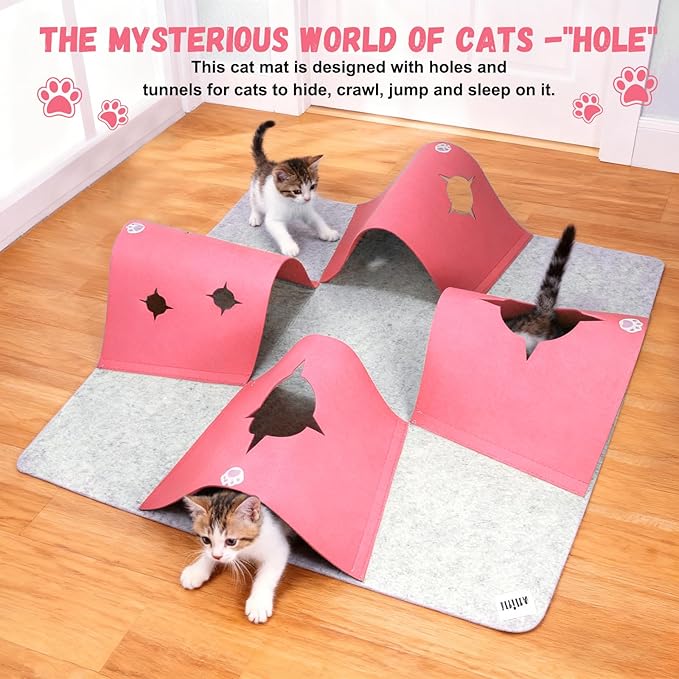 Interactive Cat Tunnel Mat for Indoor Cats, 4-Way Felt Cat Cave with Hanging Ball, Foldable Kitty Play Mat and Hideout, Pet Enrichment Toy for Kittens Rabbits Small Pets, Pink