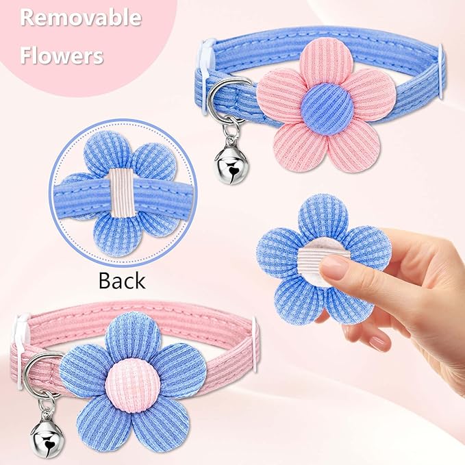 Cat Collar, HANSHILAI Kitten Collar with Bells, Cute Cat Collar Breakaway for Girl Boy with Flower,Collar para Gatos (2 Pack) (Blue & Pink)