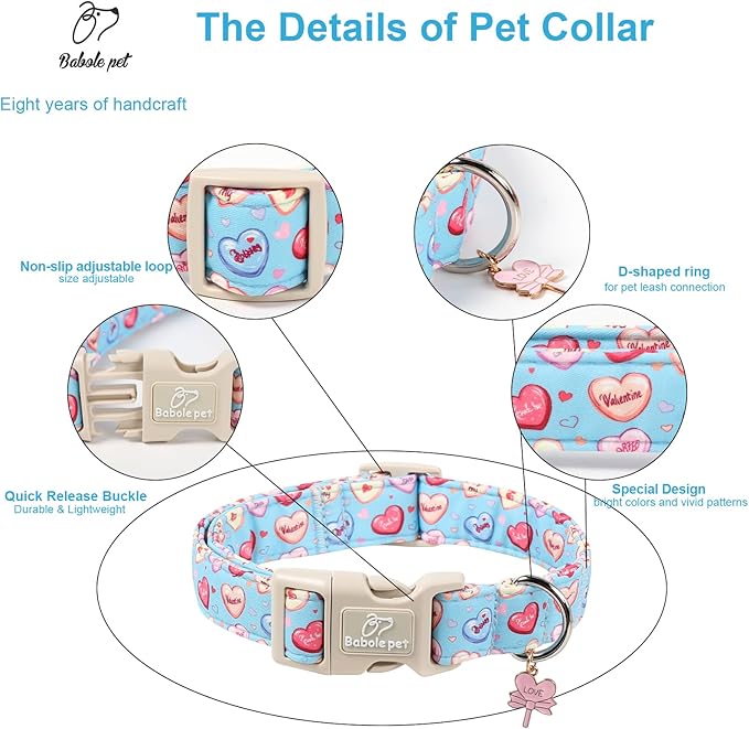 Valentines Dog Collar for Small Dogs - Valentine Candy Hearts Dog Collars, Love Boy Girl Dogs Collars, Lightweight Adjustable Cute Blue Puppy Collar with Quick-Release Buckle S