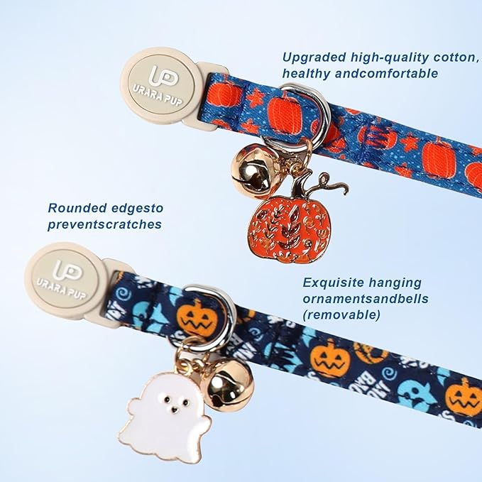 Halloween Cat Collar-2Pack Autumn Pumpkin Kitten Collars-Funny Halloween Ghost Breakaway Kitty Collars-Cute Ghost & Pumpkin Pendants,Fall Cat Collar with Bell, for Girl & Boy Cats