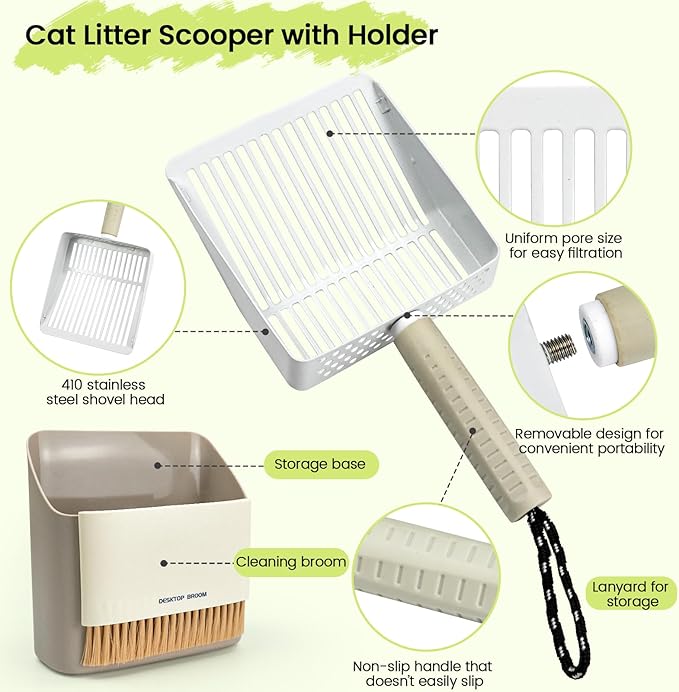 Metal Cat Litter Scooper with Holder, Stainless Steel Metal Litter Scoop Includes Portable Small Broom and Dustpan Set, Speed Sifter Cat Litter Scoop Captures All Clumps, Non-Slip Handle, Easy Clean