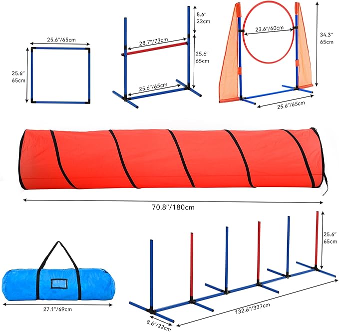 YITAHOME Dog Agility Training Equipment Set with Flexible Tunnel, Hurdle, Jump Ring, 6 Weave Poles, Pause Platform, Teaser Pole and Carry Bags for Indoors Outdoors, Orange/Blue