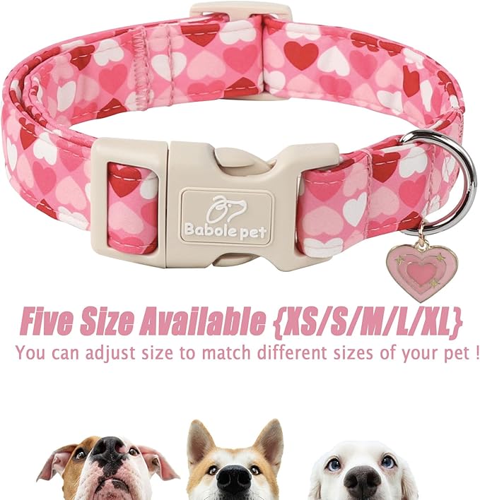 Valentines Dog Collar for Medium Dogs - Cute Valentine Pink Hearts Girl Dog Collars, Adjustable Girly Puppy Collar with Quick Release Buckle for Female Dogs M