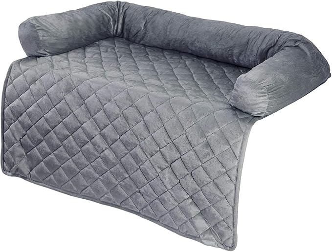 Couch Cover for Dogs - 35x35 Pet Furniture Protector with Memory Foam Neck Bolster, Quilted Fabric, and Water-Resistant Base Layer by PETMAKER (Gray)