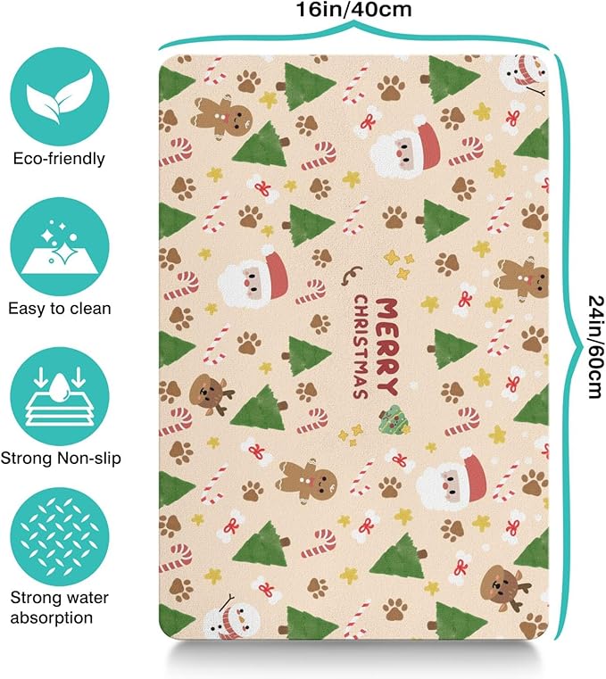 Christmas Dog Food & Water Mat, Paw Prints Santa Claus Snowman Xmas Pet Feeding Mat for Floor Non-Slip Waterproof, Super Absorbent Cat Bowl Mat, Easy to Clean Pet Placemat,16" × 24"