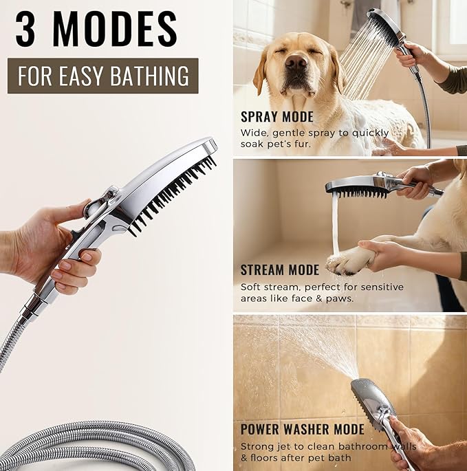 G-Promise 3 Mode Dog Shower Attachment with Pause Mode, Dog shower Sprayer with 78 Inches Stainless Steel Hose, Metal Diverter, Adhesive Holder, for Fast and Easy Dog Bathing and Cleaning(Chrome)