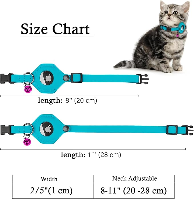 Breakaway Airtag Cat Collar with Removable Bell - Leather Pet Collar with Apple Air Tag Holder - Adjustable GPS Collars for Girl Boy Cats Kitten Puppy - Lightweight, Cute and Comfortable (Aquamarine)