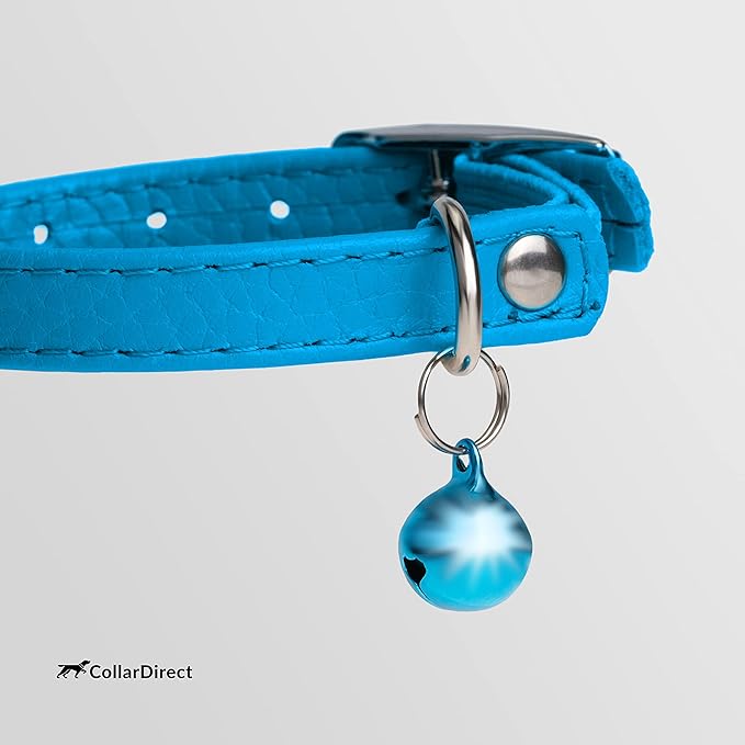 CollarDirect Leather Cat Collar, Kitten Collar with Removable Bell Black Blue Red Orange Lime Green (6-7 Inch, Light Blue)