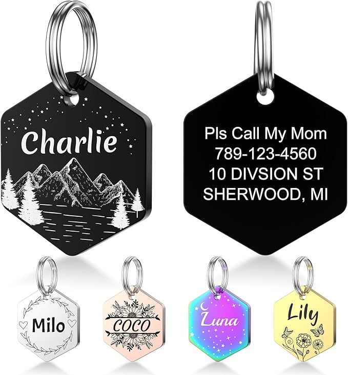 YEHANTI Dog Tags Personalized for Pets with Name Pattern Art Design - Engraved with Laser - Stainless Steel Cats Dogs ID Tags - Stylish Dog Collar Accessories (Hexagon Shape)