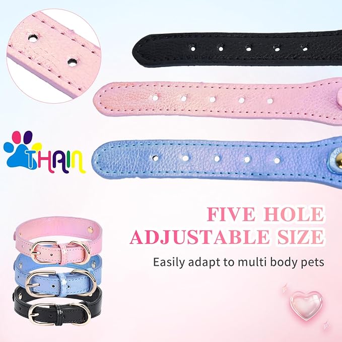 THAIN Fashion Dog Collar with Bling Diamonds & Heart Charm – 5 Holes Adjustable PU Leather Rhinestones Necklace Collar, Gold Buckle for Small Dogs Girl boy (Black, XS)