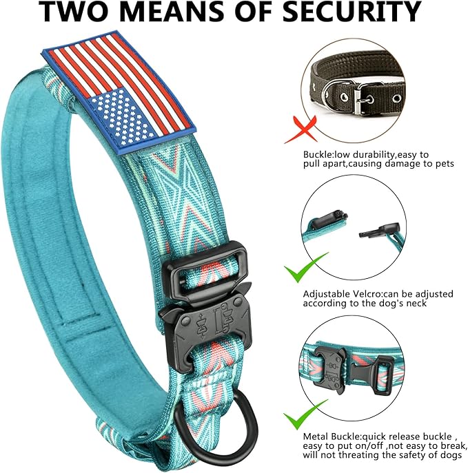 DAGANXI Tactical Dog Collar, Adjustable Military Training Nylon Dog Collar with Control Handle and Heavy Metal Buckle for Medium and Large Dogs, with Patches and Airtags Case (L, Green Arrow)