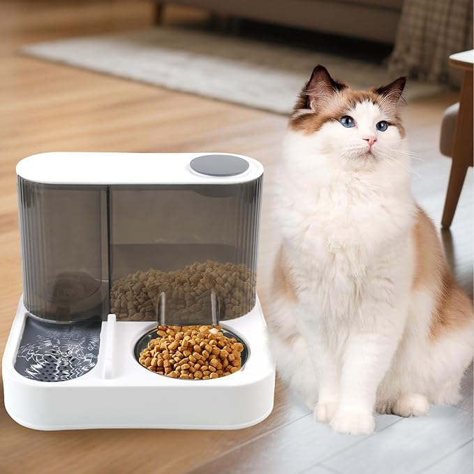 Automatic Gravity Cat Feeder with Stainless Steel Food Bowl, 2 in 1 Cat Feeder and Water Dispenser Combo Detachable Pet Water and Food Dispenser Set for Puppy Kitten Small Dog(Gray)