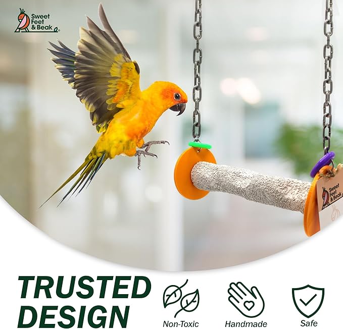Sweet Feet and Beak Roll Bird Swing - Pumice Perch Bird Toys Trims Nails and Beaks, Safe and Non-Toxic Bird Cage Accessories for Small and Large Birds, Swinging Toys Birds Will Love, Medium 9 Inches