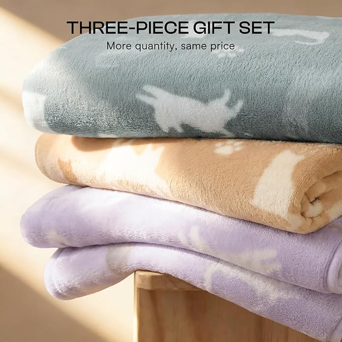 Luciphia 1 Pack 3 Cat Printed Fleece Pet Blankets Washable，Soft Warm Throw Covers for Crate Couch Bed，Cozy Puppy Essentials for Dogs and Cats，Purple/Grey/Khaki, Small (23x16 inch)
