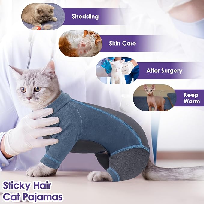 SUNFURA Hair Sticky Cat Clothes, Cat Sweater for Cats Only, 4-Legged Fleece Sweaters Kitten Pajamas Reduce Shedding Fur, Warm Pullover Shirts for Cats, Blue S