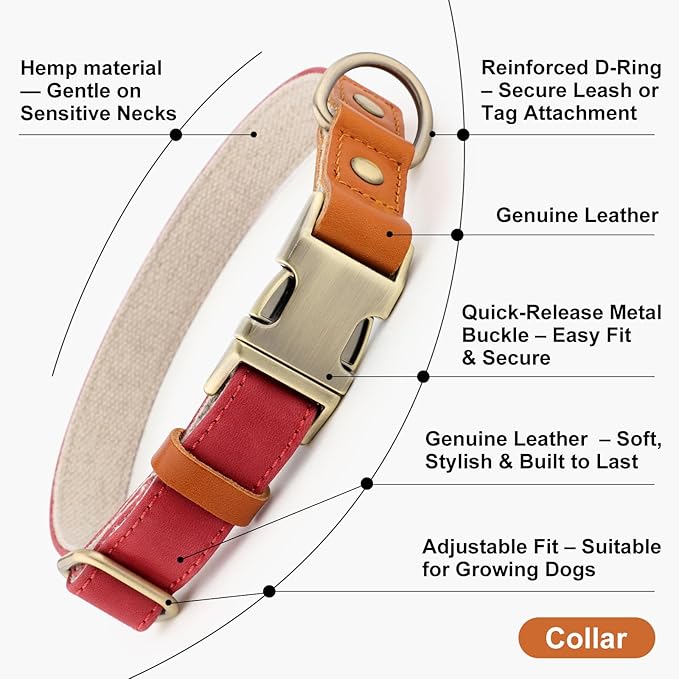 Plutus Pet Genuine Leather & Hemp Dog Collar – Adjustable Heavy Duty Pet Collar with Quick Release Metal Buckle, Soft & Stylish for Puppy and Small, Medium, Large Dogs (Red, S)