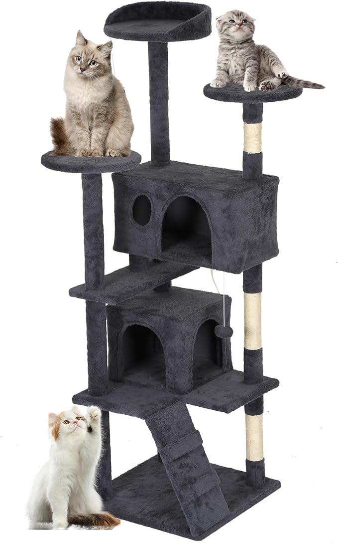FDW | 62" Cat Tree Tower | Dark Gray | Multi-Level Indoor Activity Center with Sisal Scratching Posts, Condos, Plush Perches, Hanging Cat Toys | Sturdy, Easy to Assemble | for Kittens & Adult Cats