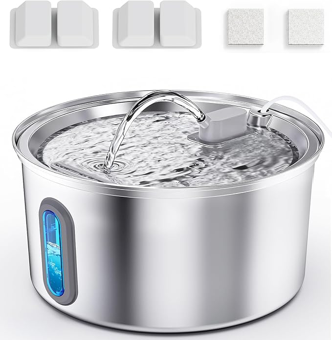 Cat Water Fountain Stainless Steel, 3.2L Cat Fountains for Drinking with Smart Quiet Pump and Water Level Window, Easy-to-Clean Automatic Pet Water Dispenser for Indoor Use, 2 Filters