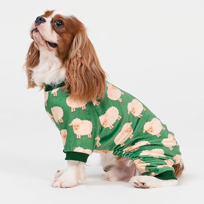 Fitwarm Funny Sheep Dog Pajamas, Warm Winter Dog Clothes for Small Dogs Boy Girl, Cozy Pet Onesie with Feet, Green, White, XXL