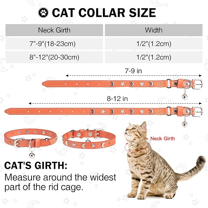 Leather Cat Collars for Boy Girl Cats with Bell and Safety Elastic Belt, Personalized Star and Moon Stud Adjustable Safe Buckle Collar for Kitty Small Big Cats Size 7-9 Inch, Orange