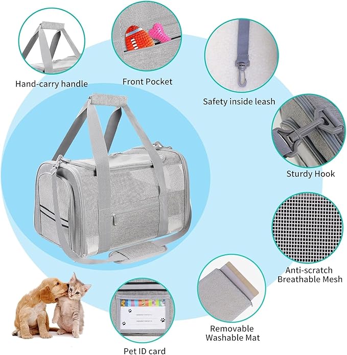 Soft-Sided Cat Carrier for Pets Up to 15lbs, Airline Approved Under-Seat Travel Carrier with Collapsible Bowl, Breathable Mesh & Removable Pad, Grey