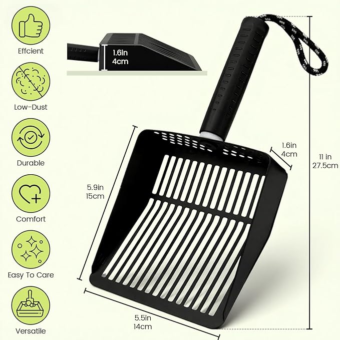 Metal Cat Litter Scooper with Holder, Stainless Steel Metal Litter Scoop Includes Portable Small Broom and Dustpan Set, Speed Sifter Cat Litter Scoop Captures All Clumps, Non-Slip Handle, Easy Clean