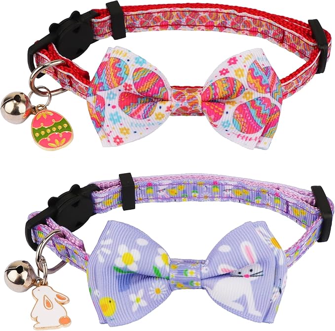 ADOGGYGO Easter Cat Collars with Bow Bell, Breakaway Kitten Bowtie Collar Red Purple Eggs Rabbit Easter Collars for Girl Boy Cats Kittens