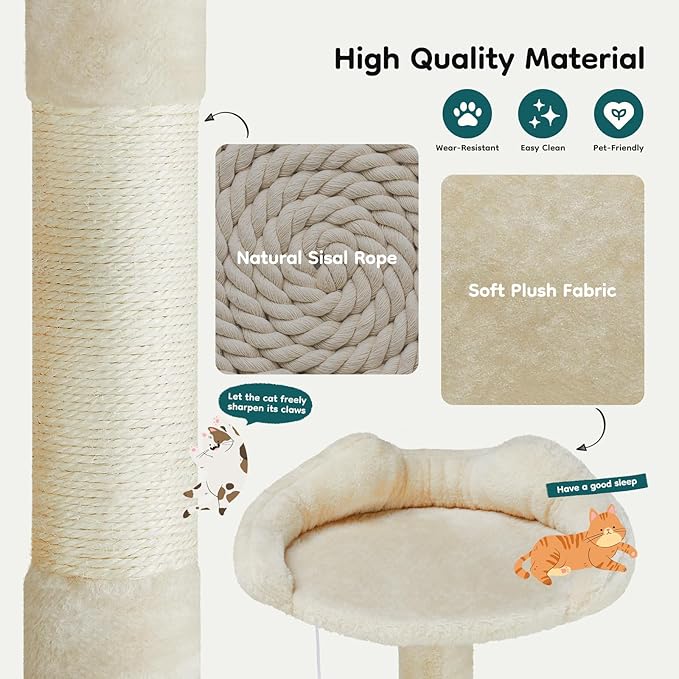 DUMOS 54-inch Indoor Cat Tree Tower –Multi-Level Pet House for Large Cats with 2 Condos, Scratching Posts, Round Platform, Small Ladder, and Toys, Beige