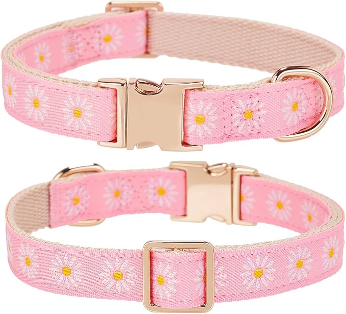 Woven Dog Collar with Metal Buckle Adjustable Jacquard Retro Dog Collars for Small Medium Large Dogs(Pink Daisy,S)