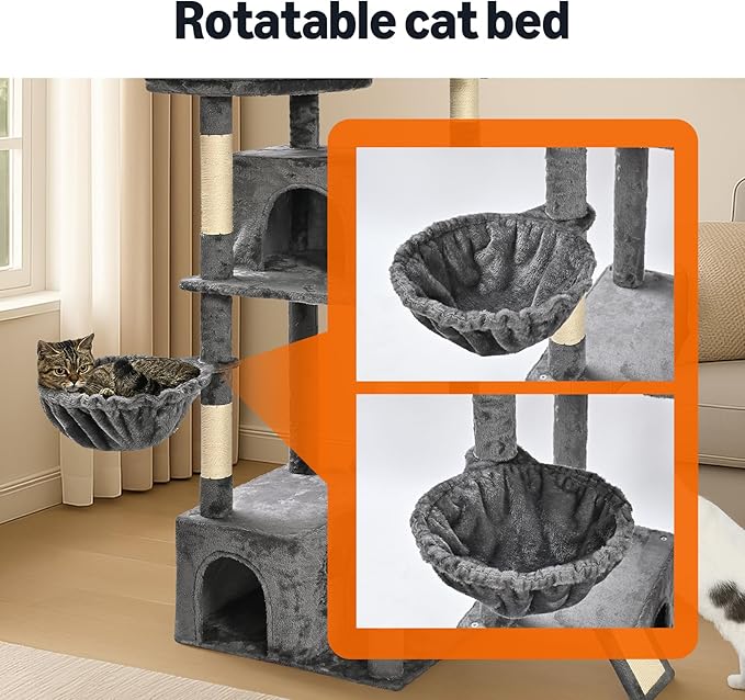 Amazon Basics Large Cat Tree Tower, Multi-Level Activity Center with 2 Large Condos, Multiple Sisal Scratching Posts and Hanging Pompoms, Gray, 68 Inches