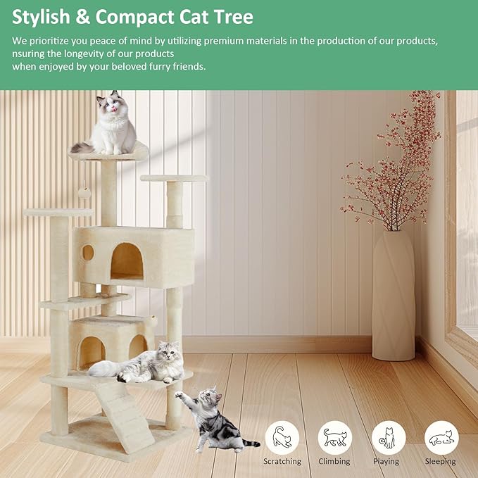 Cat Tree Tower, 54-Inch Cat Tree for Indoor Cats, Multi-Level Furniture Activity Center Cat Tower with Scratching Post, Beige