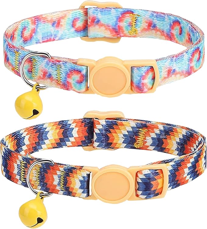 SOLMOONY Cute Cat Collar for Girl Boy,Colorful Breakaway Cat Collars with Bell 2 Pack，Adjustable Printed Nylon with Safety Buckles Kitten Collar (Coloured Drawing)