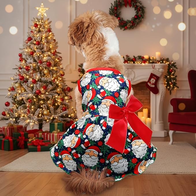 Pohshido Christmas Dog Dress, Winter Holiday Santa Claus Skirt with Cute Bow for Boys and Girls Small Pet Puppies Doggie