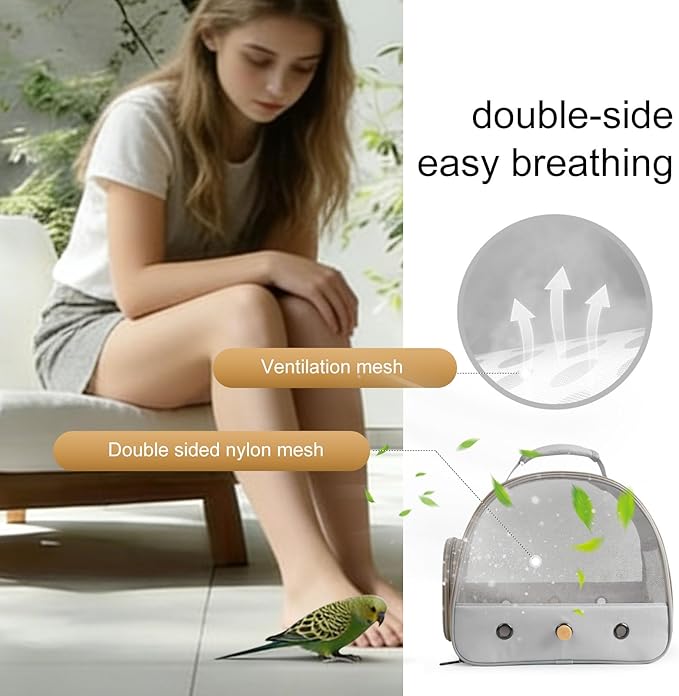 Bird Carrier, Portable Small Bird Parrot Parakeet Carrier with Standing Perch and Soft Support Mat, Side Access Window Collapsible (Grey, Mesh Windows)